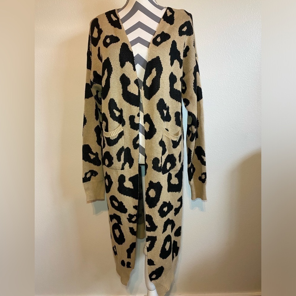 Vestidos Tan Black Leopard Print‎ Cardigan Womens SZ L Duster Open Front sweater